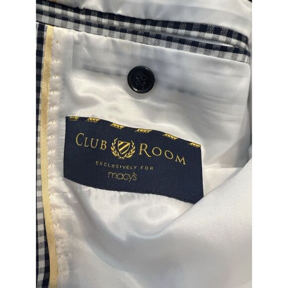 Club Room Men 46R Navy Blue & White Gingham Cotton‎ Blazer Sport Coat Jacket - Picture 5 of 9